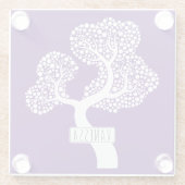 白い抽象芸術の円の木と名前、紫王室の色 ガラスコースター (裏面)