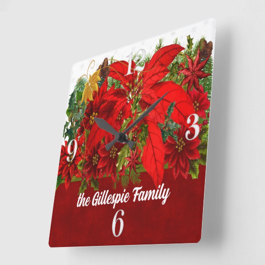 白い数を用いるお祝いの休日のポインセチア スクエア壁時計 (傾斜)