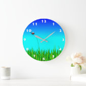 白い数字のかわいい草のレディバ子供へグ  ラージ壁時計 (ホーム)