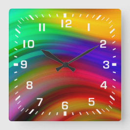 白い数字/虹の波のストライプ スクエア壁時計