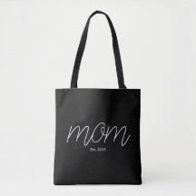 白い文字で「Mom Established」デザインのブラックトート