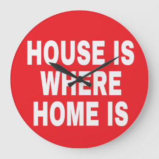 白い文字 赤い背景 HOUSE IS WHERE HOME IS ラージ壁時計