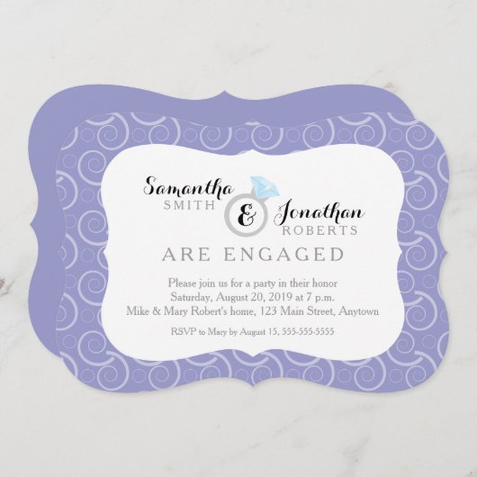 白い旋回パターン、ライトパープル婚約パーティ 招待状 (正面/裏面)