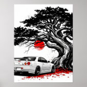 白い日本の伝統的な日の出アートペインティング JDM ポスター (正面)