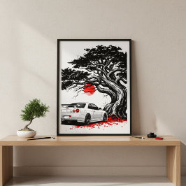 白い日本の伝統的な日の出アートペインティング JDM ポスター