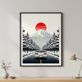 白い日本の伝統的な日の出アートペインティング JDM ポスター