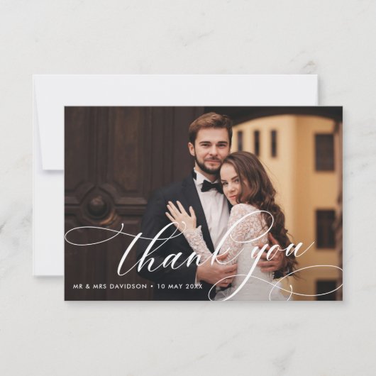 白い書道のレタリング結婚の写真 サンキューカード (正面)