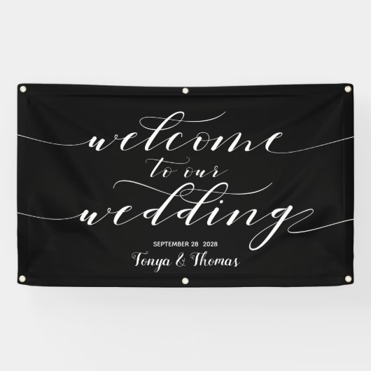 白い書道の黒へようこそ結婚 横断幕 (横)