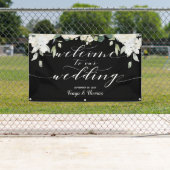 白い書道牡丹ブラックウェルカム結婚ズ 横断幕 (インサイチュ)