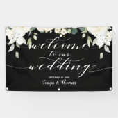 白い書道牡丹ブラックウェルカム結婚ズ 横断幕 (横)