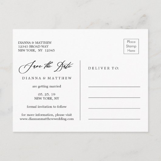 白い書道結婚式の日付写真を保存 案内ポストカード (裏面)