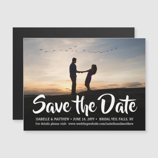 白い書道1枚の写真の結婚式の日付を保存 マグネット招待状 (正面/裏面)