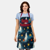 白い木とオーナメントの青いクリスマス エプロン (着用した状態)
