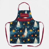 白い木とオーナメントの青いクリスマス エプロン (正面)
