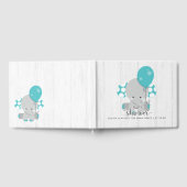 白い木とティール(緑がかった色)ゾウが赤ちゃんのシャワーを願う ゲストブック (全面)