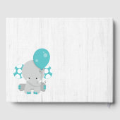 白い木とティール(緑がかった色)ゾウが赤ちゃんのシャワーを願う ゲストブック (裏面)