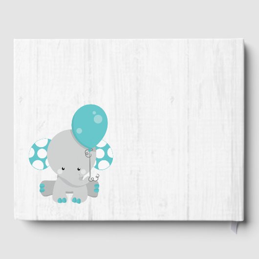 白い木とティール（緑がかった色）ゾウが赤ちゃんのシャワーを願う ゲストブック (裏面)