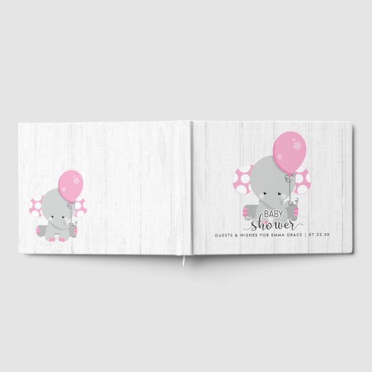 白い木とピンクの象が赤ちゃんのシャワーを望む ゲストブック (全面)