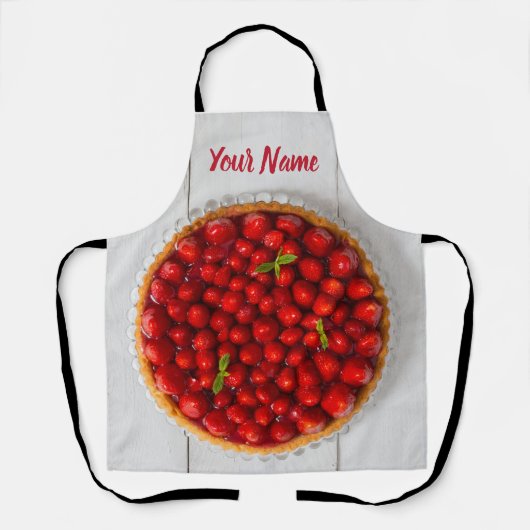 白い木にミントが付いたストロベリーケーキ エプロン (正面)