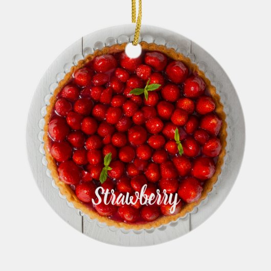 白い木にミントが付いたストロベリーケーキ セラミックオーナメント (正面)