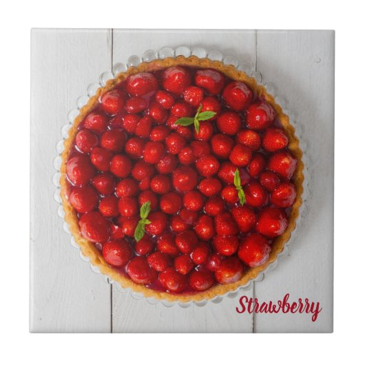 白い木にミントが付いたストロベリーケーキ タイル (正面)