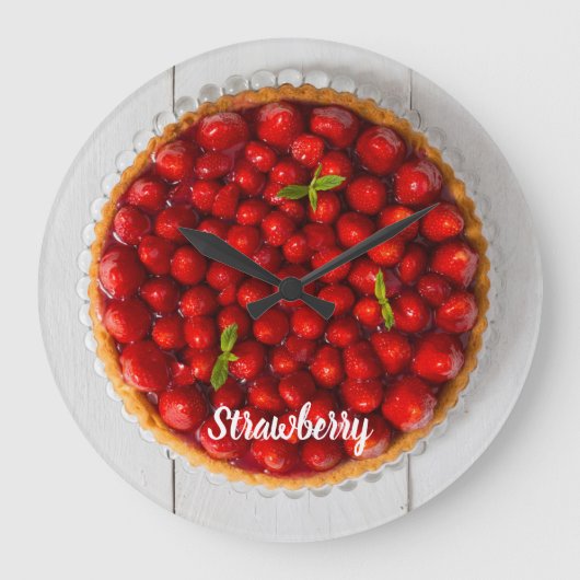 白い木にミントが付いたストロベリーケーキ ラージ壁時計 (正面)
