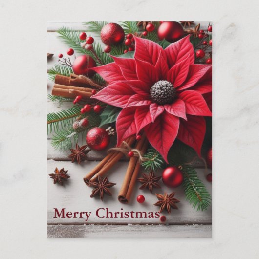 白い木に赤い伝統的クリスマスの花 ポストカード (正面)