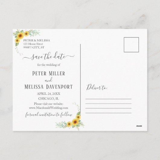 白い木のひまわりの花が日付の写真を保存 シーズンポストカード (裏面)