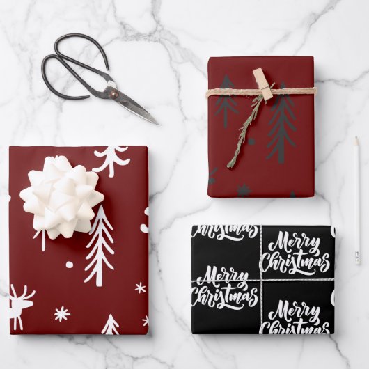 白い木のイラスト赤いクリスマスパターン ラッピングペーパーシート (正面)