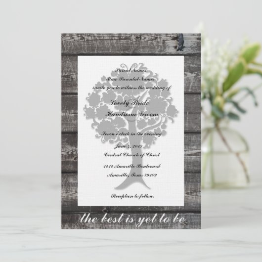 白い木の灰色の木製の詩歌の結婚式招待状 招待状 (スタンド正面)