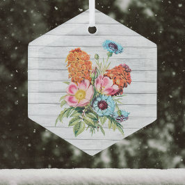 白い木の青いピンクとオレンジの花束フェイク ガラスオーナメント