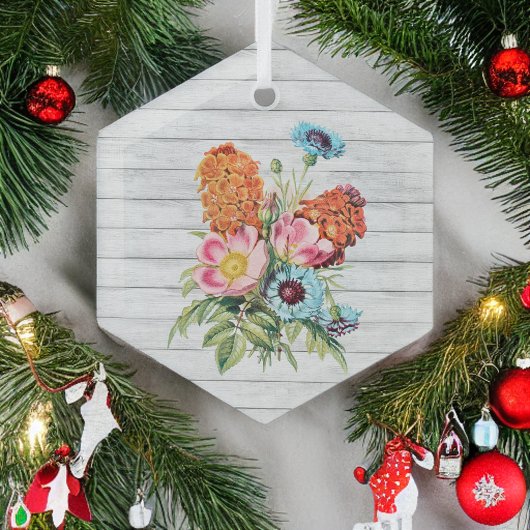 白い木の青いピンクとオレンジの花束フェイク ガラスオーナメント