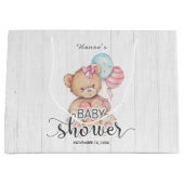 白い木の風船&テディベアガールベビーシャワー ラージペーパーバッグ (正面)