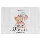 白い木の風船&テディベアガールベビーシャワー ラージペーパーバッグ (裏面)