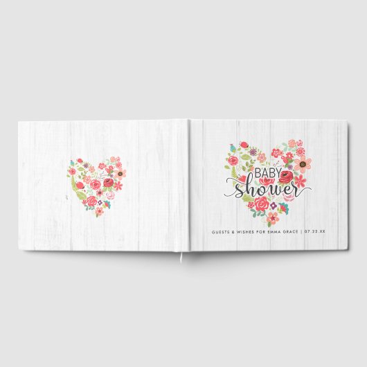 白い木材フローラハートが赤ちゃんのシャワーを希望 ゲストブック (全面)
