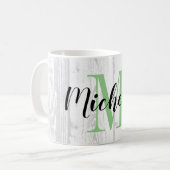 白い木目パネルプリントのカスタムモノグラム コーヒーマグカップ (正面左)