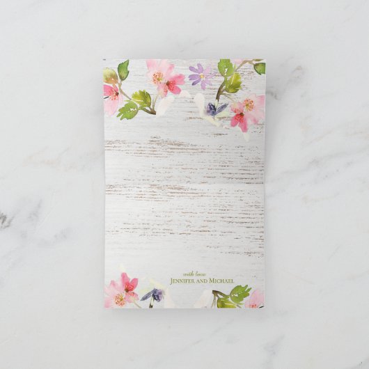 白い木素朴にピンクの花模様 サンキューカード (内部)