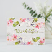 白い木素朴にピンクの花模様 サンキューカード (スタンド正面)