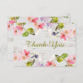 白い木素朴にピンクの花模様 サンキューカード (正面/裏面)