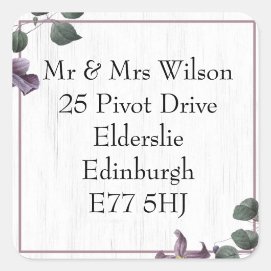 白い木紫色の花に住所シール スクエアシール (正面)