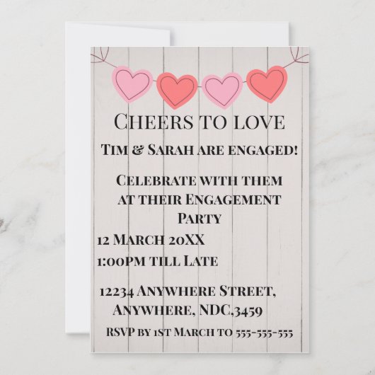 白い木製の背景にキュートなハートマーク 招待状 (正面)