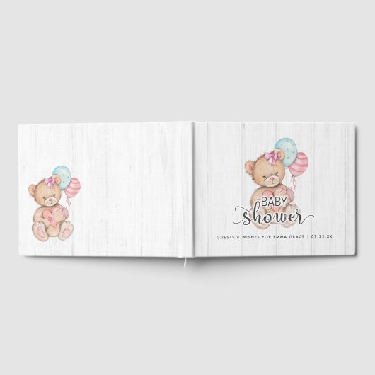 白い木製バルーン&ベアーウィッシュの赤ちゃんシャワー ゲストブック (全面)