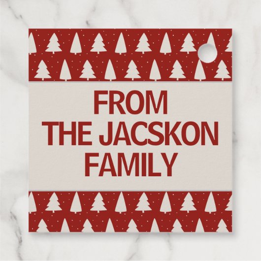 白い松と雪片が赤いクリスマスツリー フェイバータグ (裏面)
