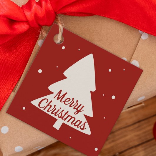 白い松と雪片が赤いクリスマスツリー フェイバータグ