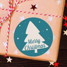 白い松と雪片のクリスマスツリーと青 ラウンドシール