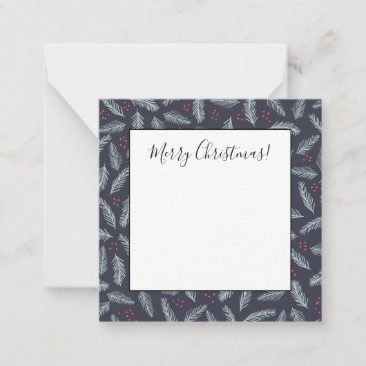 白い松の枝 羽毛 ホーリーの実 クリスマス ノートカード (正面)