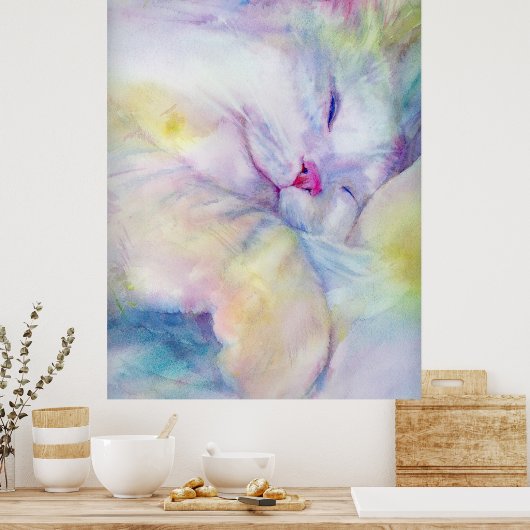 白い板の上で眠っている白猫の水色 ポスター (キッチン)