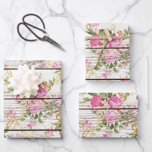 白い板壁にピンクのバラ ラッピングペーパーシート (正面)