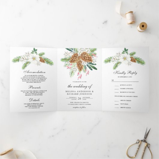 白い果実の松のコーン3 1クリスマス結婚の 三つ折り招待状 (内部)