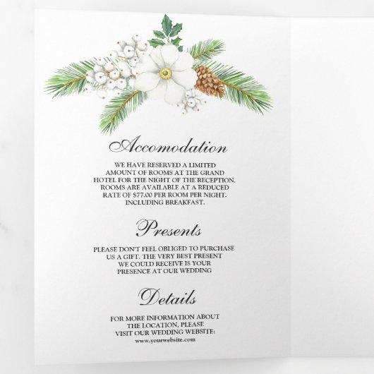 白い果実の松のコーン3 1クリスマス結婚の 三つ折り招待状 (内部最初)
